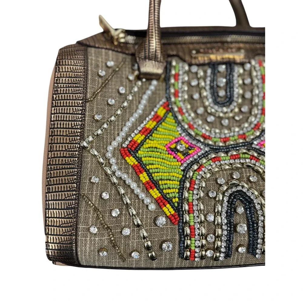 Nicole Lee Beaded Crystal Satchel Bag Metallic Bronze Tan Geometric Boho Handbag